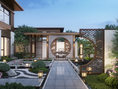  新中式别墅庭院花园夜景3d模型 