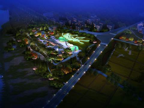  现代湿地园林鸟瞰夜景psd 
