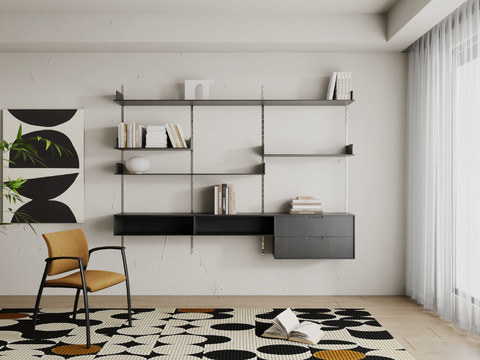  现代壁挂书架置物架3d模型下载 简约家居装饰收纳柜 自然光艺术办公室设计 