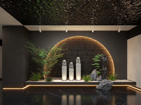  景观小品 石狮子雕塑 绿植 景观石3d模型 