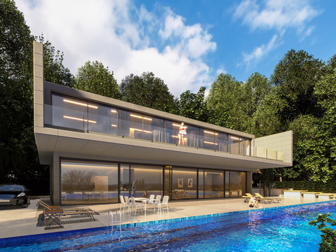  现代独栋别墅外观3d模型 