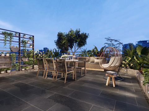  现代花园露台夜景3d模型 