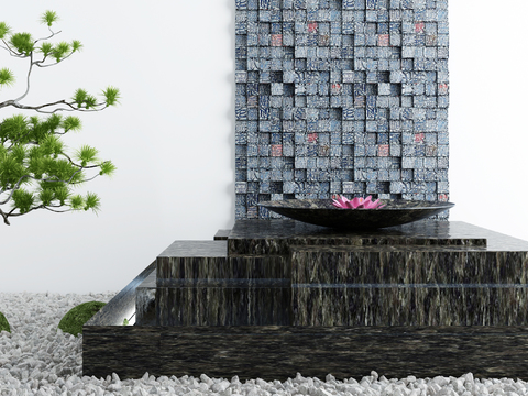  新中式松树流水景观小品3d模型 