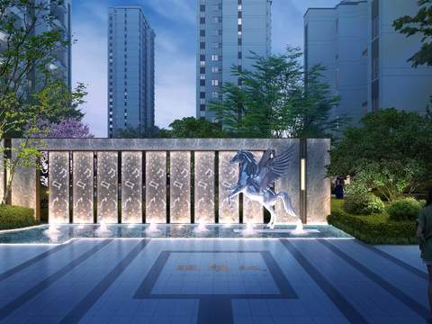  小区喷泉夜景psd 