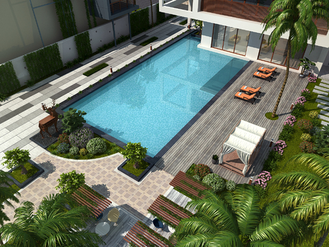  现代别墅泳池庭院3d模型 
