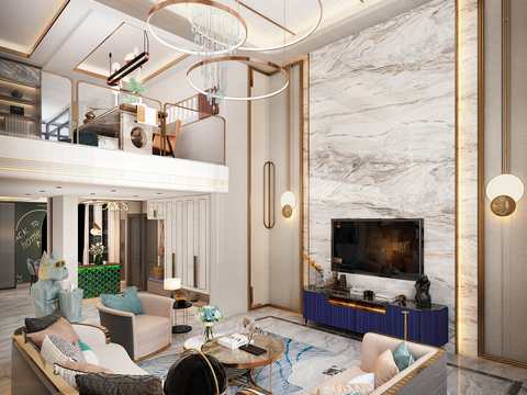  现代轻奢别墅客厅茶室3d模型 