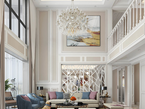  简欧别墅客厅餐厅3d模型 