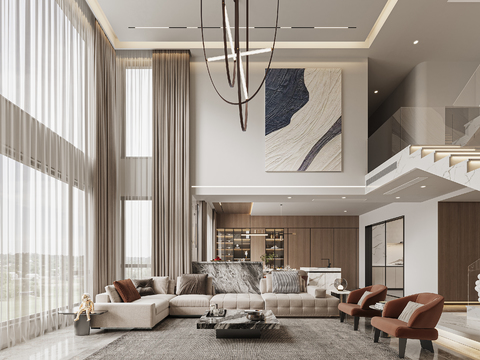  现代别墅客厅餐厅3d模型 