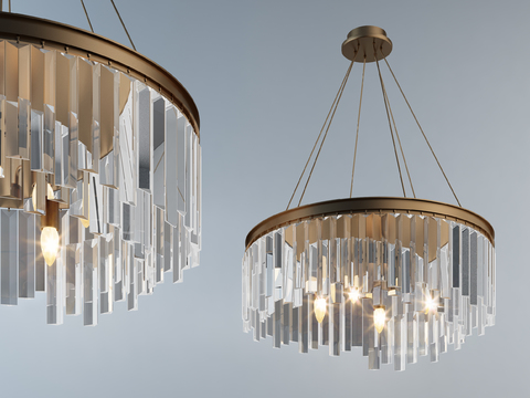  现代风格金属水晶吊灯3d模型下载 透明玻璃装饰吊灯 暖光照明客厅餐厅灯具 