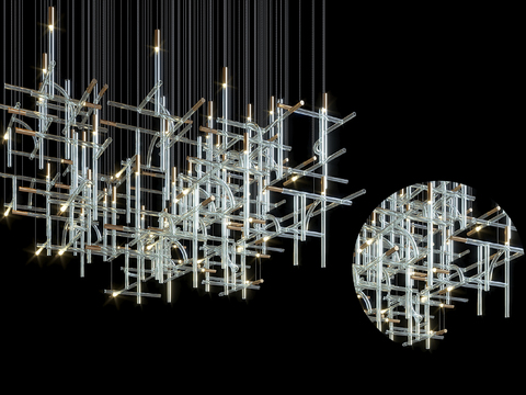  矩阵几何吊灯3d模型下载 工业风艺术装饰灯 现代简约大堂客厅灯具 