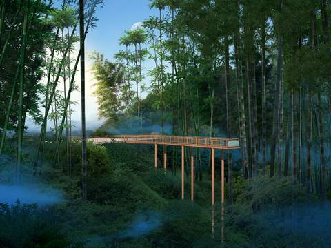  新中式山间竹林园林景观psd 