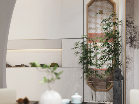  石狮子雕塑 绿植小品 竹子 鹅卵石3d模型 