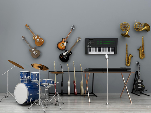  现代乐器钢琴电子琴吉他组合3d模型 