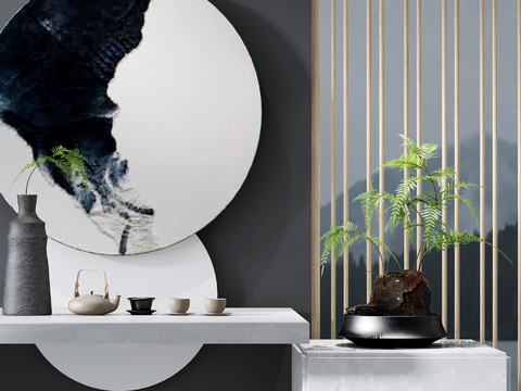  新中式茶壶茶具盆栽摆件3d模型 