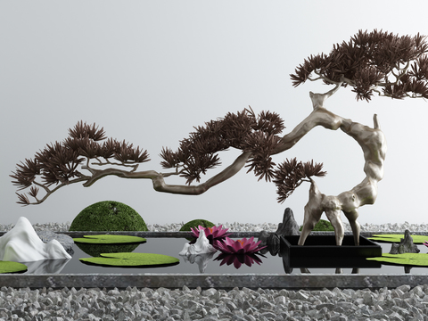  新中式松树荷花荷叶水景小品3d模型 