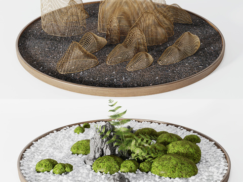  新中式假山绿植小品3d模型 