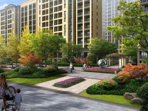  现代小区建筑外观景观psd 