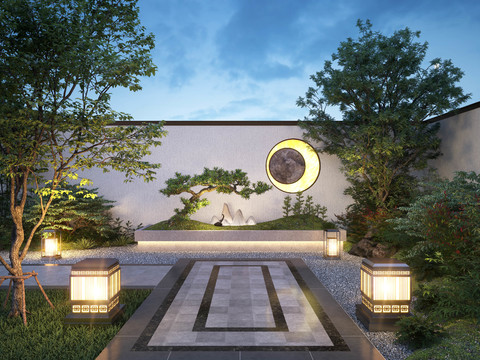  新中式庭院夜景3d模型 