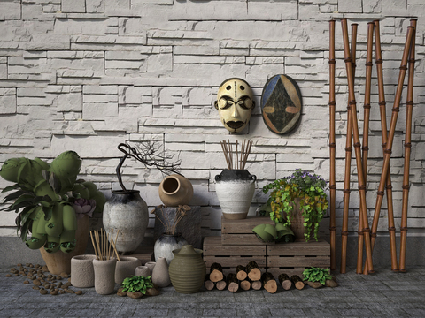  自然风陶罐木柴盆栽景观小品3d模型 