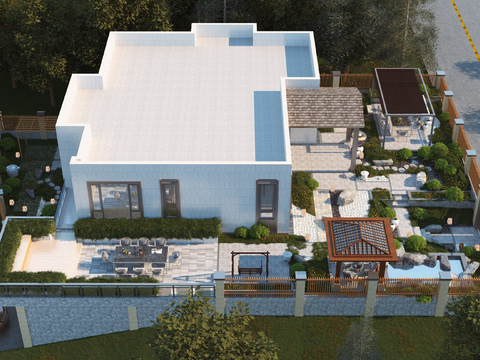  现代平层别墅花园鸟瞰3d模型 