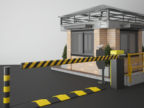  现代保安亭门禁亭停车场大门围栏3d模型 