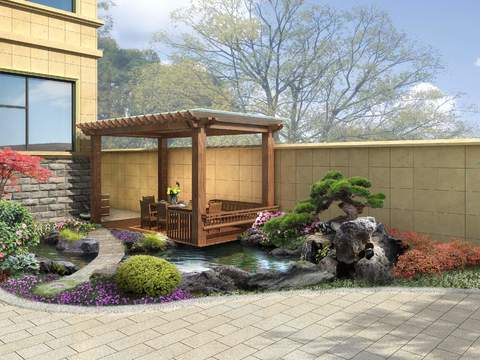  新中式花园景观psd 