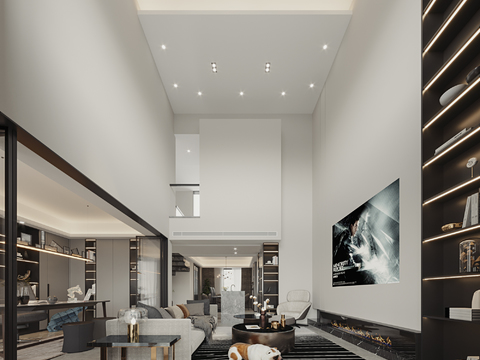  现代别墅客厅餐厅书房3d模型 