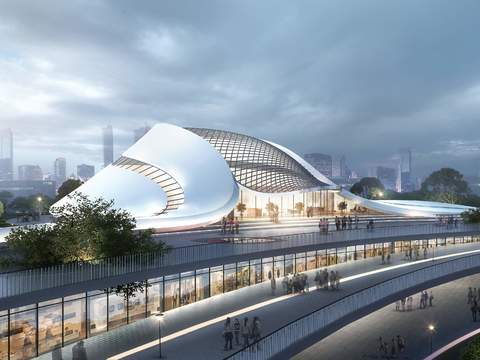  现代异形商业楼外观鸟瞰psd 