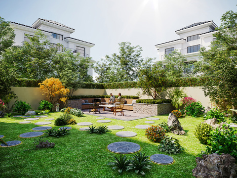  别墅花园 后院3d模型 