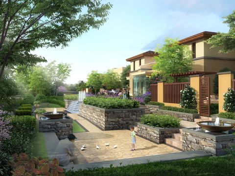  现代别墅庭院花园景观psd 