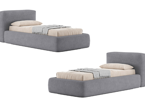  现代简约单人床3d模型下载 灰色织物床头板卧室家具 米色床垫极简设计 