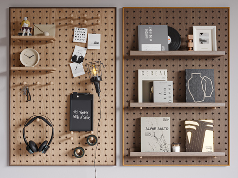  洞洞板壁柜吊柜3d模型下载 极简木质墙面收纳设计 家居装饰组织工具 