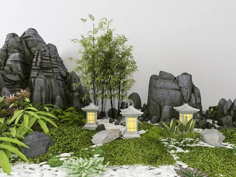  现代假山石头绿植景观小品3d模型 