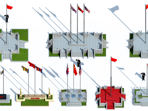  现代旗帜升旗台国旗台护栏3d模型 