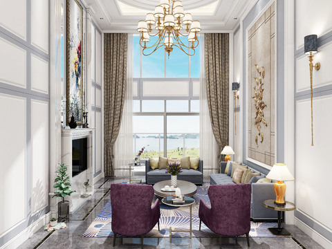  简欧别墅客厅3D模型 