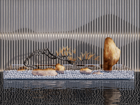  新中式水景松雕塑园艺小品3d模型 