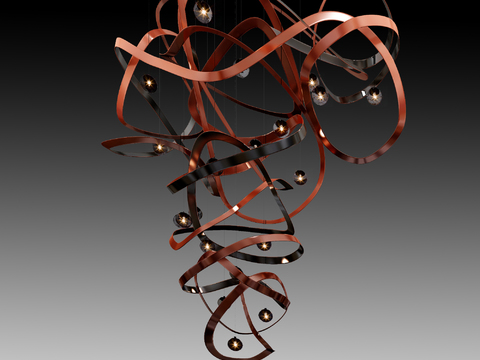  现代艺术吊灯金属环螺旋造型3d模型下载 铜黑色调装饰灯具 现代简约客厅吊灯 