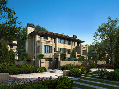  现代独栋别墅建筑外观psd 