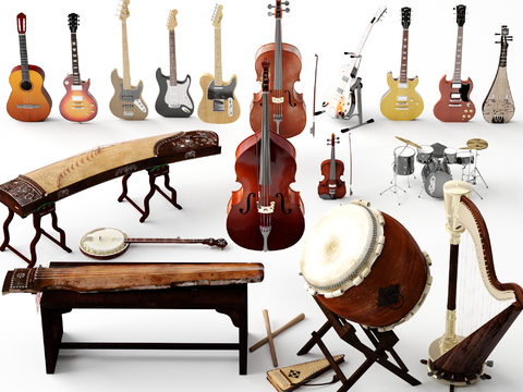  大提琴 古筝 琵琶 架子鼓3d模型 