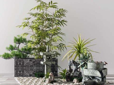  现代绿植假山小品3d模型 