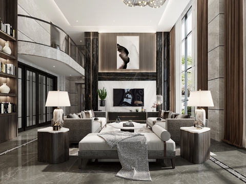  新中式轻奢别墅大堂3d模型 