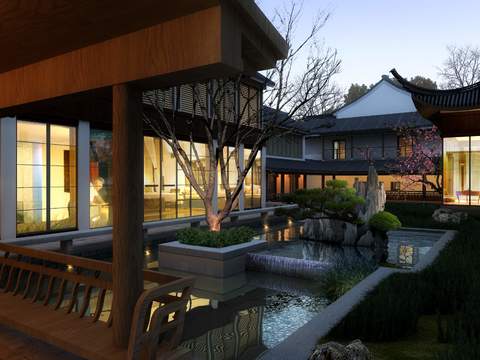  现代庭院花园阳台夜景psd 