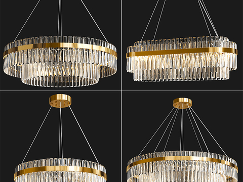  现代双层水晶吊灯3d模型下载 客厅餐厅适用 奢华金属灯架 高清 