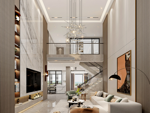  现代轻奢复式别墅客厅3d模型 