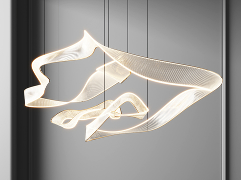  现代曲线艺术吊灯3d模型下载 透明材质波浪造型装饰灯 大堂酒店高端照明设计 
