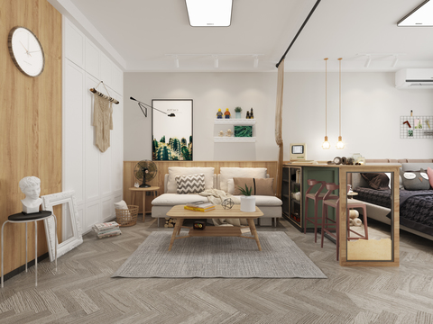  北欧公寓客厅卧室3d模型 