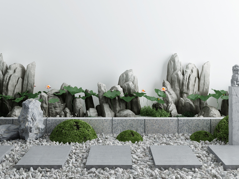  新中式假山荷花池水景3d模型 