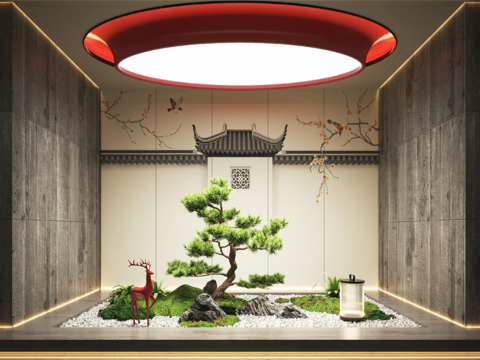  新中式松树假山小品3d模型 