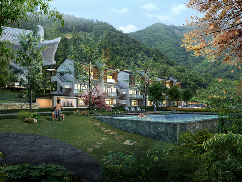  新中式度假酒店园林3D模型 