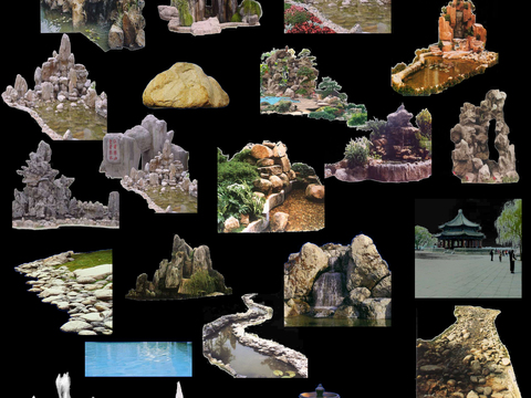  现代假山流水素材景观psd 